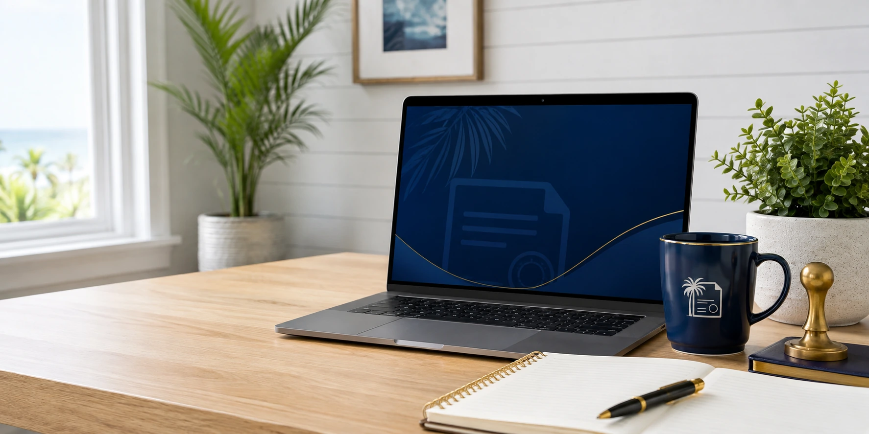 Professional notary training workspace with laptop, notebook, and notary stamp